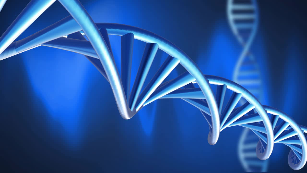 animación de cadenas de adn que giran con rastros de luz brillante sobre un fondo oscuro