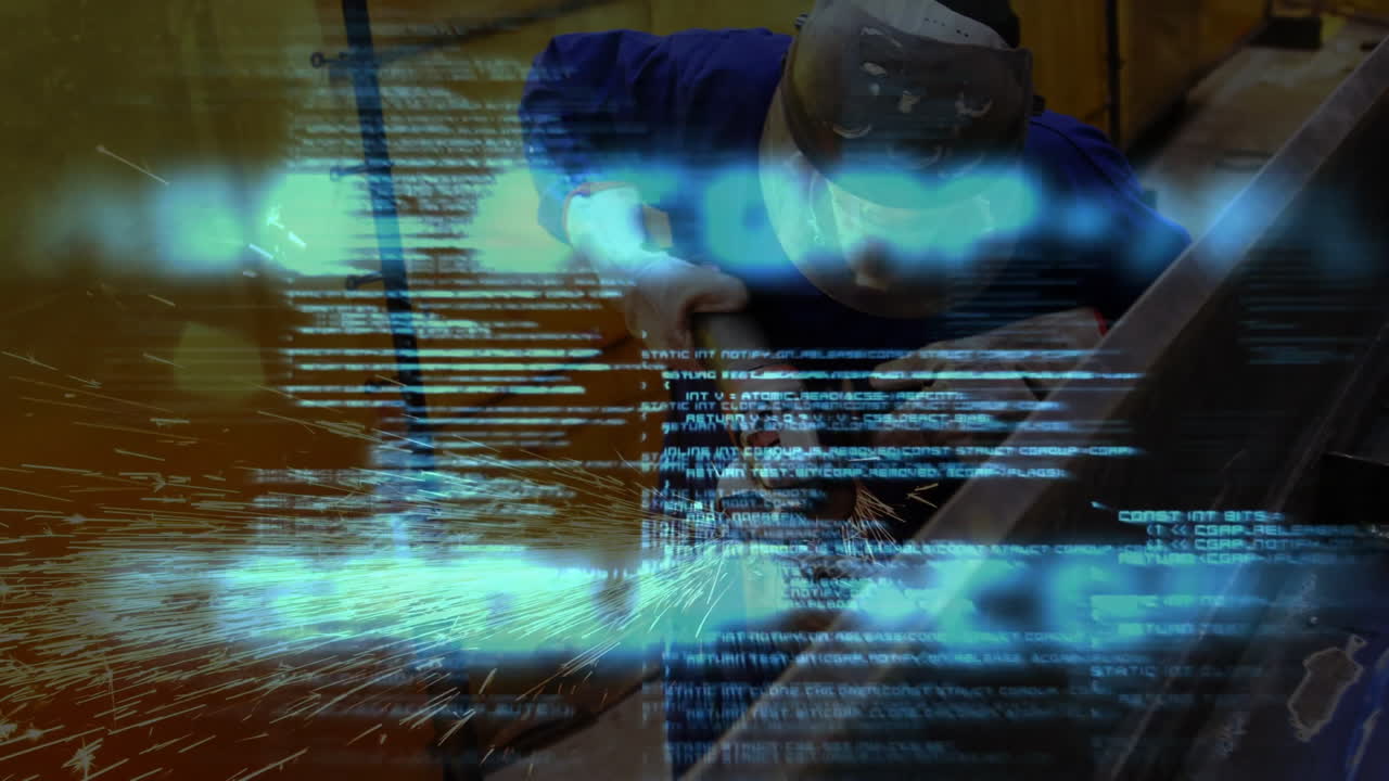 Metal fabricator welding metal with torch in industrial workshop, showing code overlay and sparks