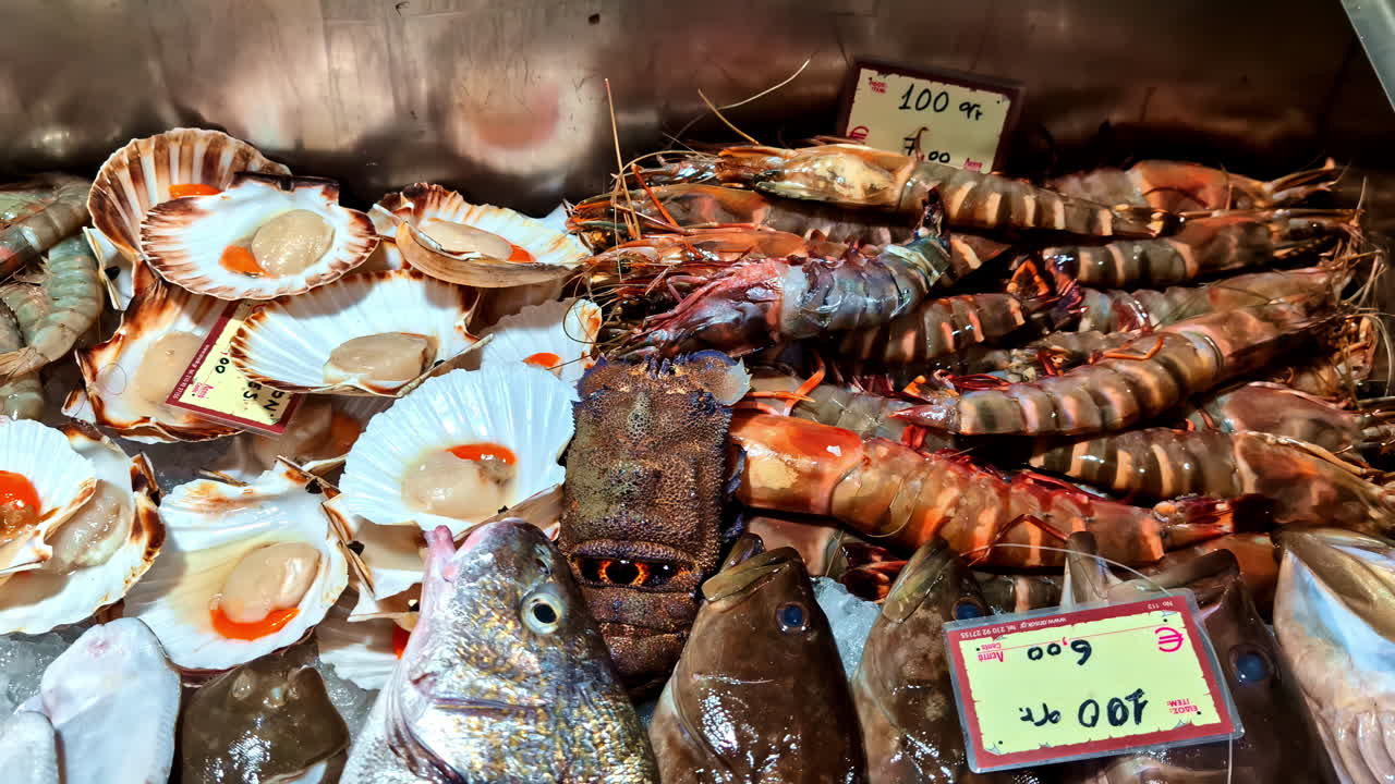 Fresh Fish And Seafood Stall At The Food Market In Crete Island, Greece. Close-up Shot