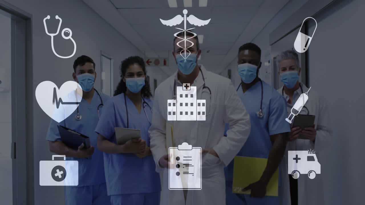 Team sanitario che cammina in un corridoio d'ospedale, mostrando icone fluttuanti di stetoscopio, monitor cardiaco e pillole.
