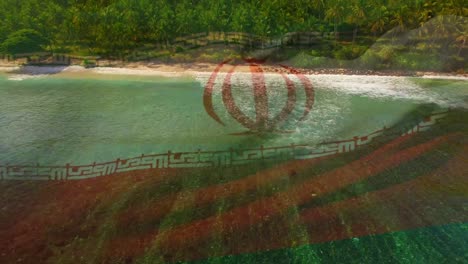 composición digital de ondear la bandera de irán contra la vista aérea de la playa y las olas del mar