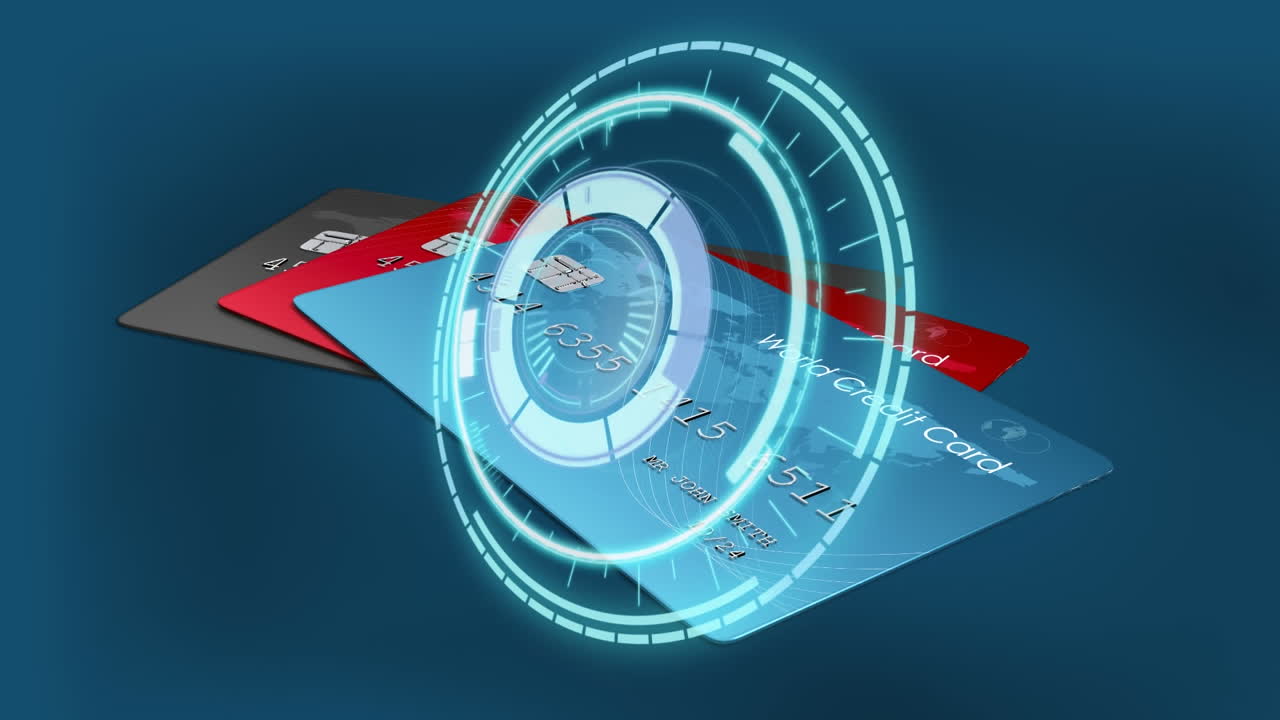 animación de un candado de combinación de caja fuerte circular que gira sobre tarjetas de crédito sobre fondo azul