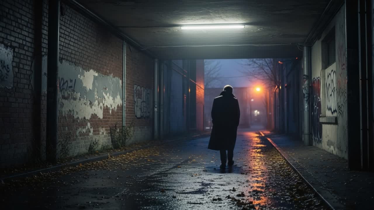 Lonely Figure Walking Through an Urban Alleyway at Night, Surrounded by Graffiti and Shadows, Evoking a Sense of Mystery and Isolation