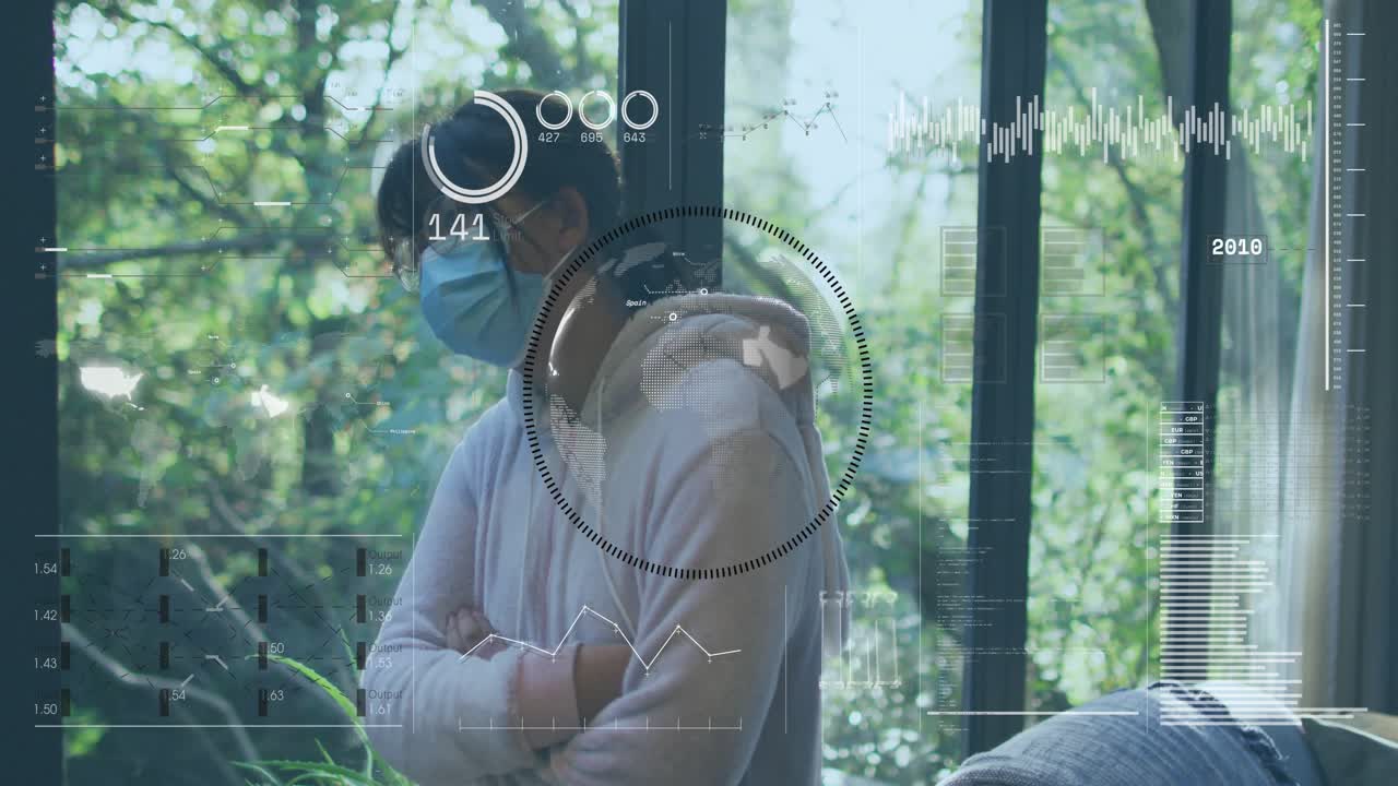Girl standing by glass doors, HUD overlay appearing, analyzing vital charts across torso for health