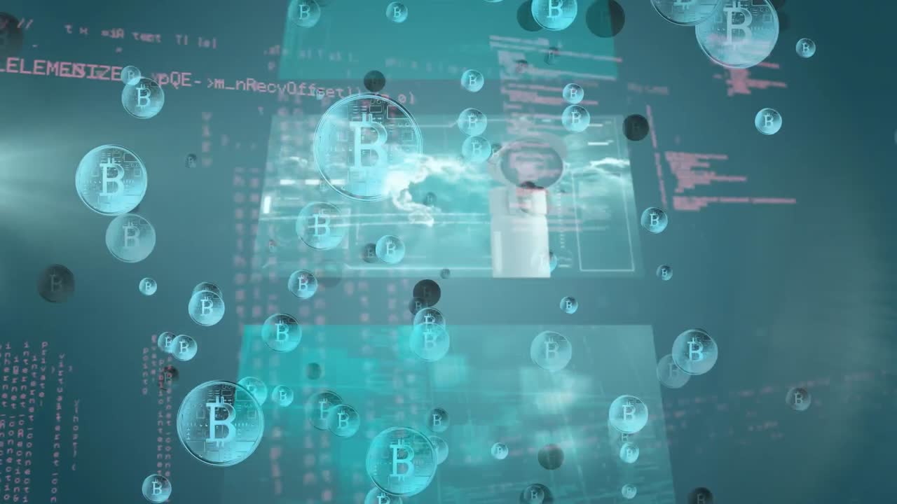 파란색 배경에 대한 데이터 처리와 함께 화면에서 여러 비트코인 기호의 애니메이션
