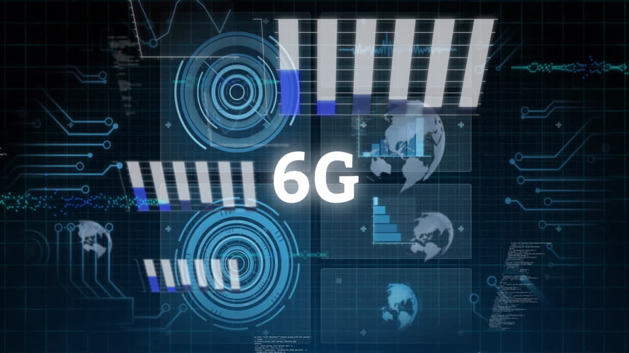 Animation of 6G technology with digital data and global network graphics