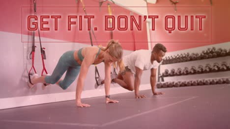 animation of get fit don''t quit text over diverse man and woman exercising in gym