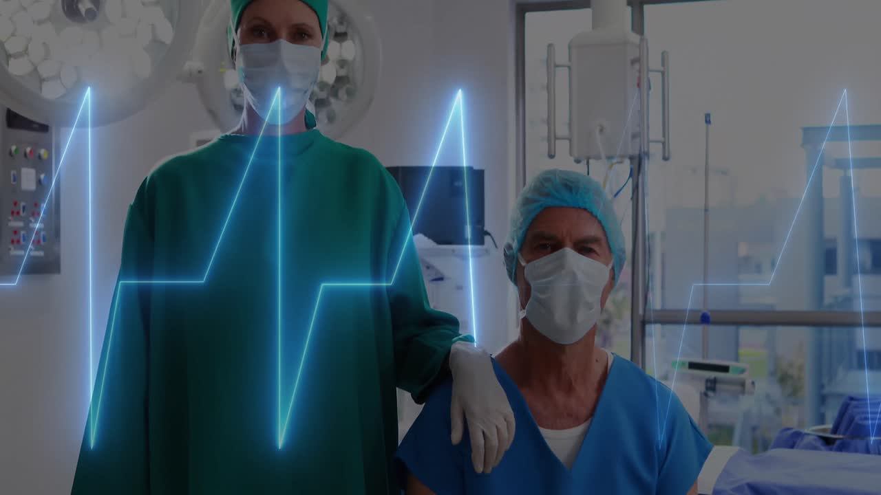 animación de monitor de ritmo cardíaco contra cirujanos caucásicos masculinos y femeninos en el hospital.