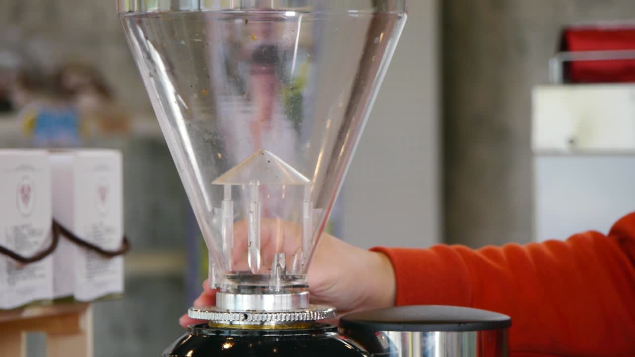 granos de café tostados vertidos en una licuadora de café