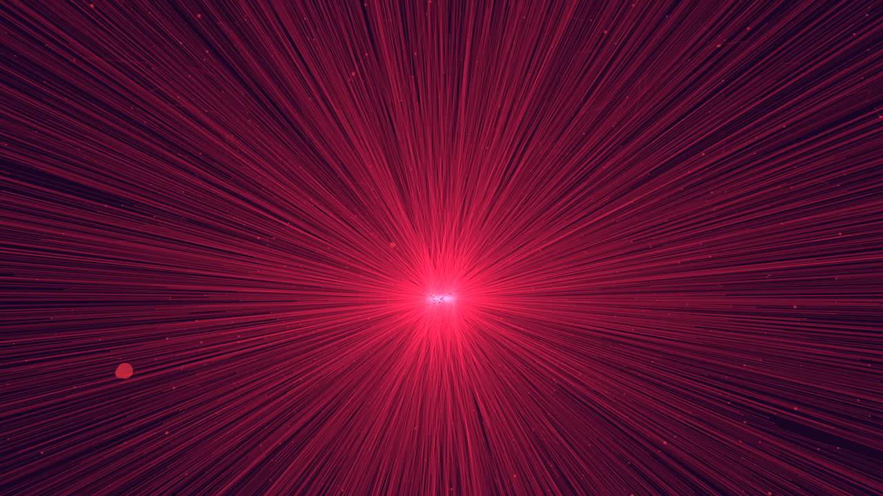 Red hyperspace starburst light rays background with particles and motion blur