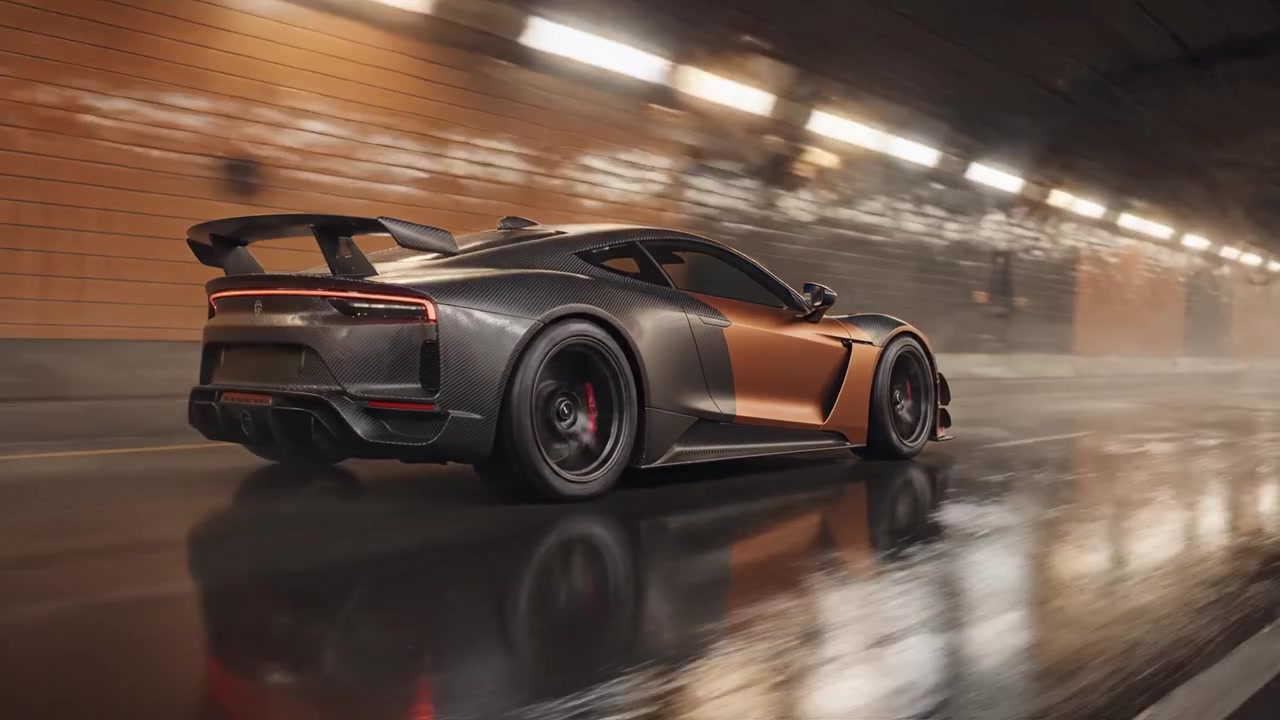 Supercar dinamica e potente in movimento, catturata con dettagli mozzafiato in un'ambientazione notturna urbana drammatica con riflessi ed effetti di luce atmosferici.
