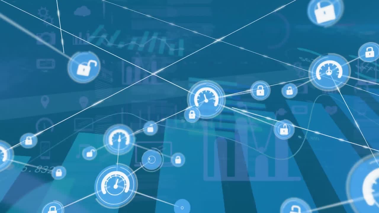 파란색 배경에 대한 통계 데이터 처리에 대한 디지털 아이콘 네트워크의 애니메이션