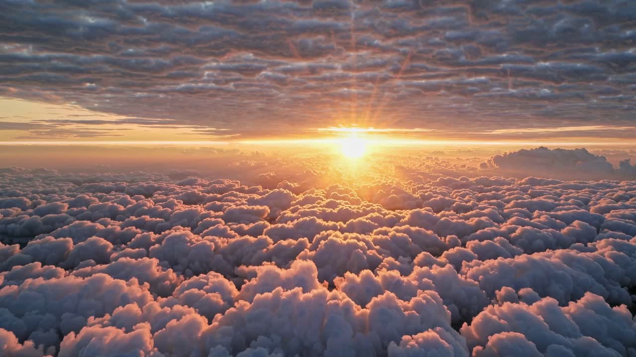 Aerial video captures a stunning sunrise over fluffy clouds, with a wide-angle view emphasizing