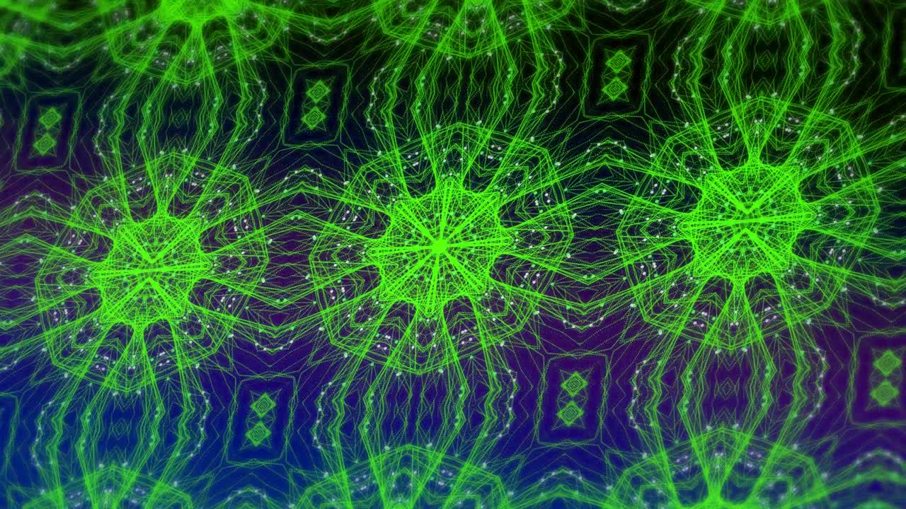 animación digital de formas caleidoscópicas verdes que se mueven en movimiento hipnótico contra un fondo azul