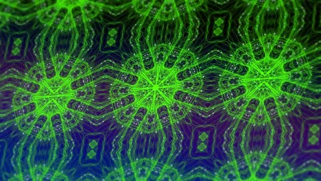 Digital-animation-of-green-kaleidoscopic-shapes-moving-in-hypnotic-motion-against-blue-background