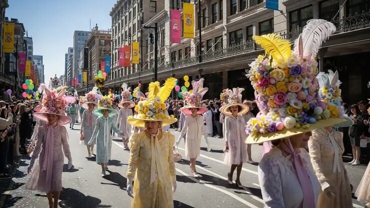 Una vivace parata che mostra cappelli riccamente decorati: una colorata celebrazione della primavera con partecipanti che indossano splendidi copricapi floreali in una vivace strada cittadina