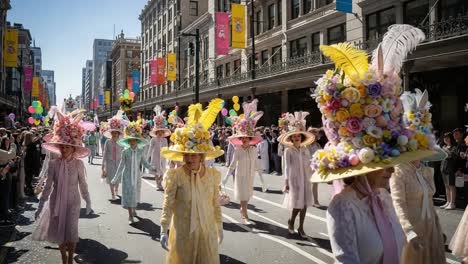 vibrant parade showcasing ornately decorated hats: a colorful celebration of spring with participants in stunning floral headpieces in a bustling city street