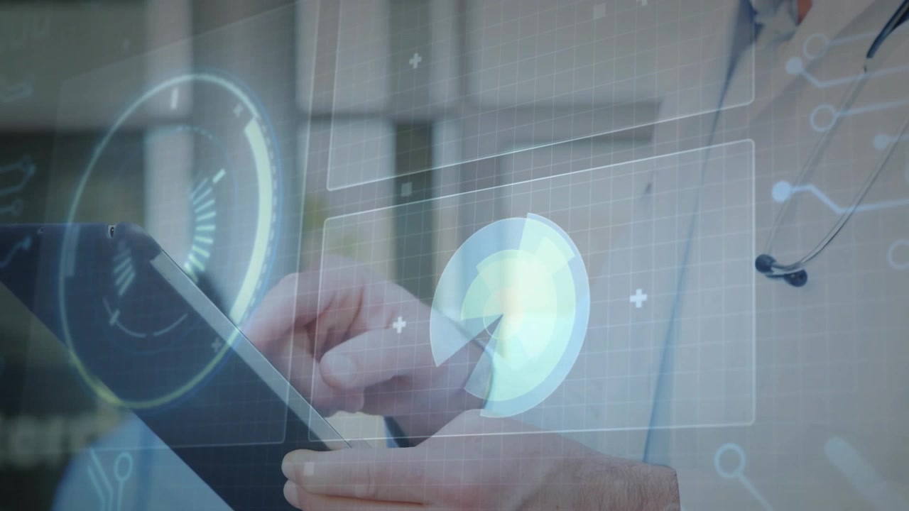Medical professional tapping tablet screen and cycling gauge and pie chart monitoring health data