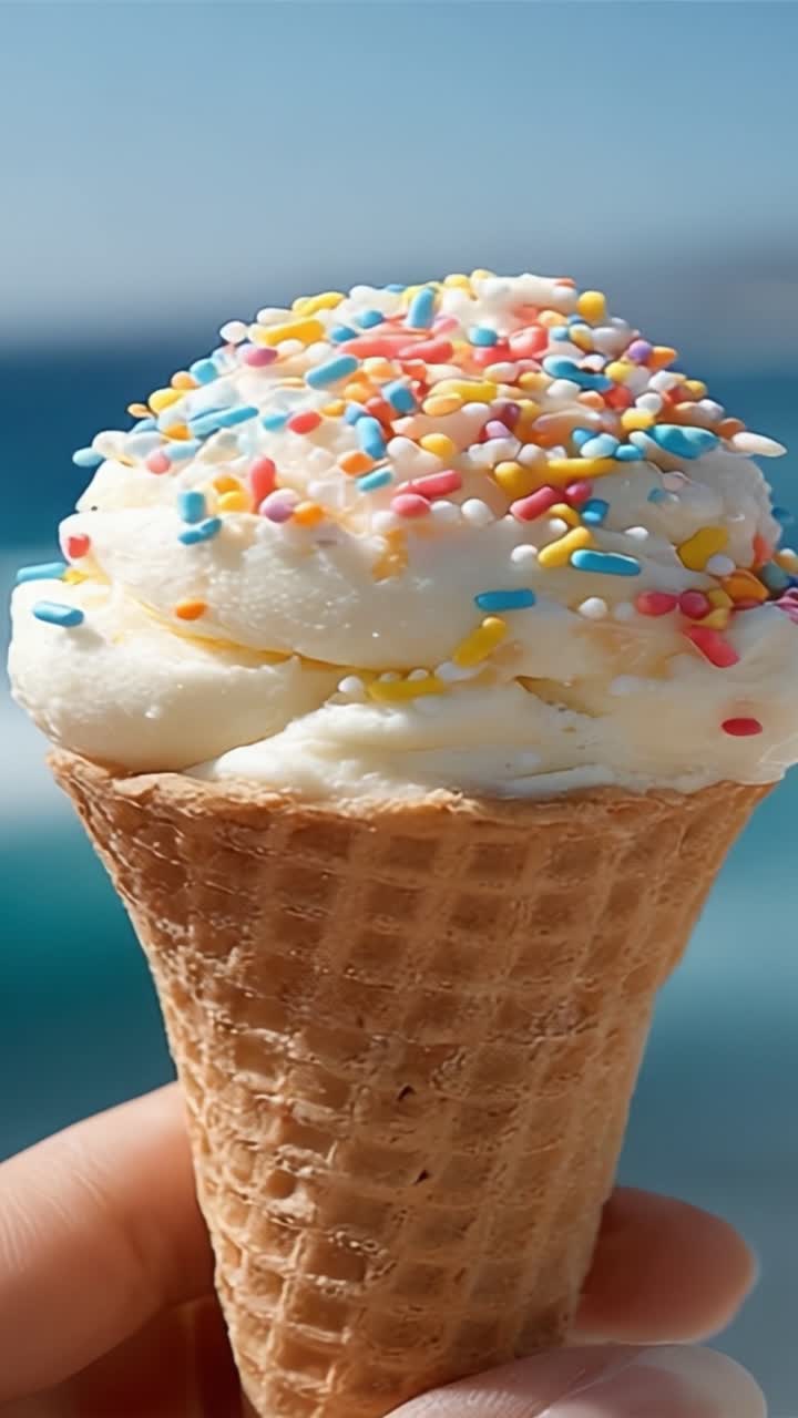 Delizioso cono gelato guarnito con codette colorate su uno sfondo oceanico panoramico, perfetto per le giornate calde e un dolce piacere.