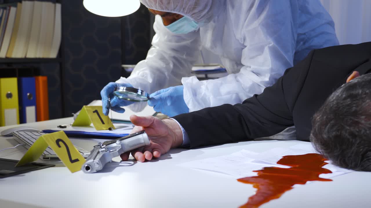 experto forense trabajando en la escena del crimen, recolectando pruebas.