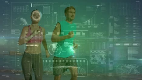 interfaz digital con procesamiento de datos contra pareja caucásica corriendo juntos en la playa