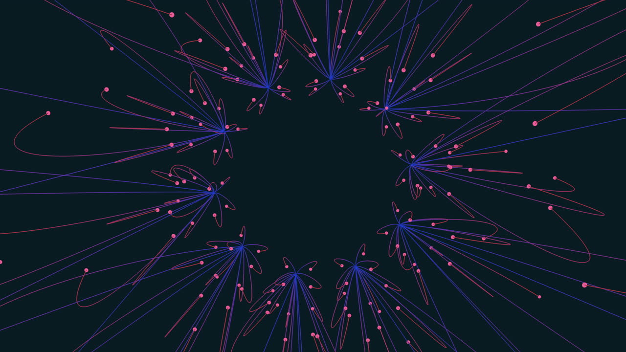 Dynamic abstract footage of glowing particle trails radiating from circular nodes on a dark background, suggesting digital data flow, neural networks, connectivity and futuristic technology concepts