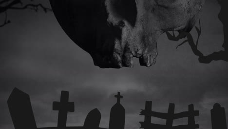 animación de cráneo gris sobre ramas y cementerio