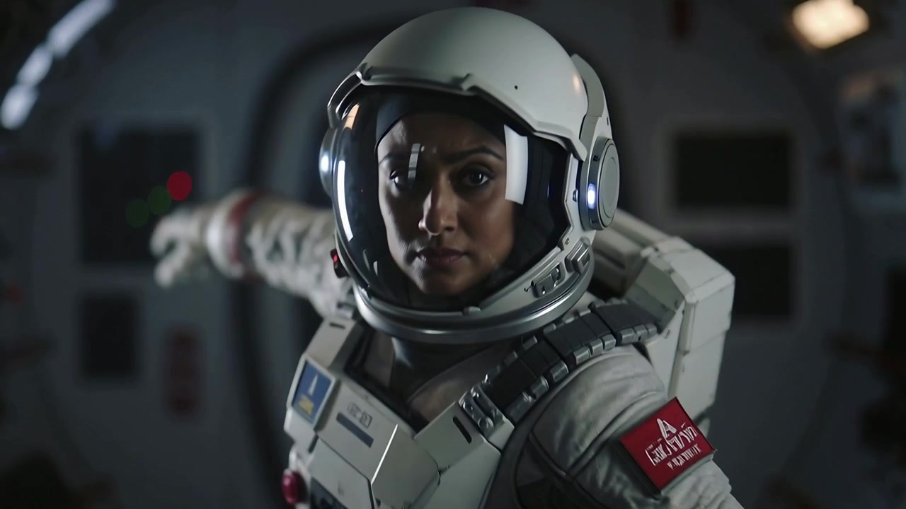 Luzes de luva ativando astronauta em traje espacial girando no módulo para encarar a câmera, com pacote no peito