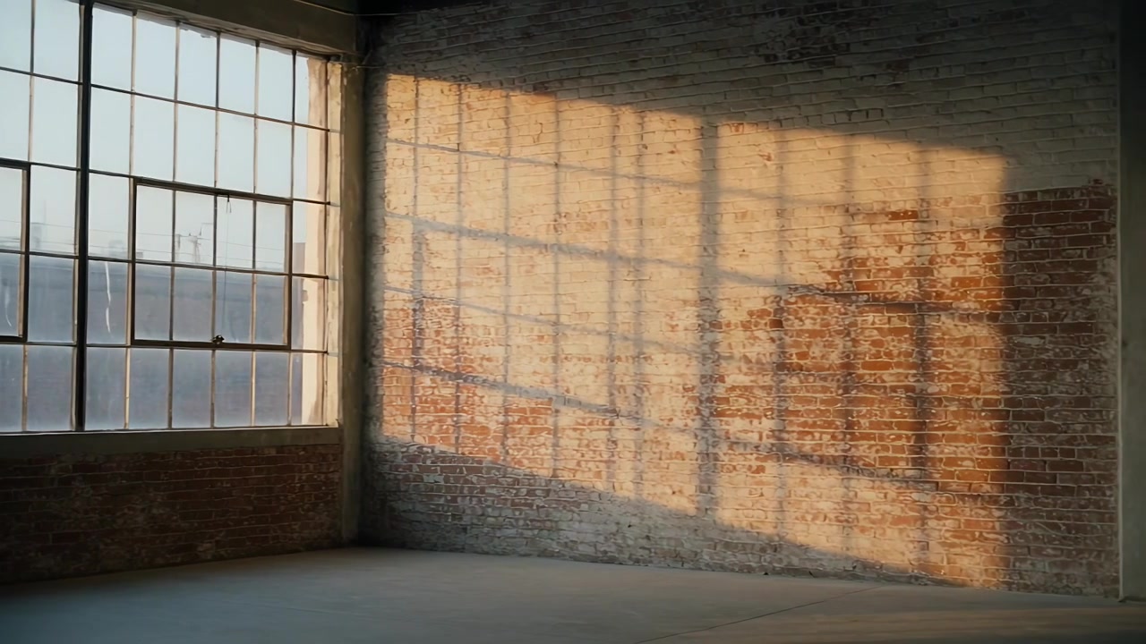 Shifting sunlight entering metal window sweeping grid shadow across red brick wall, deepening color
