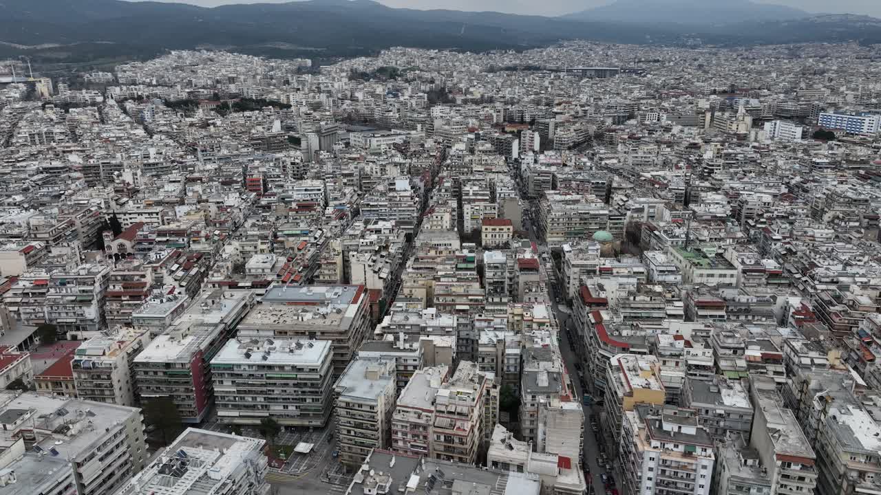 Orbit over the buildings of the city center of Thessaloniki, Greece.