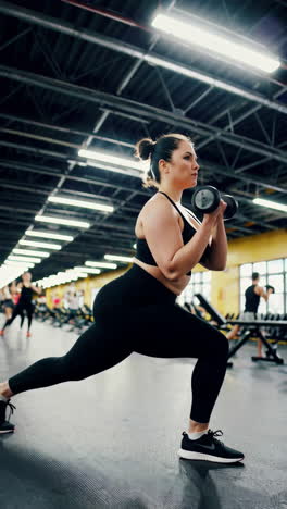 plus-size woman working out with dumbbells in a gym