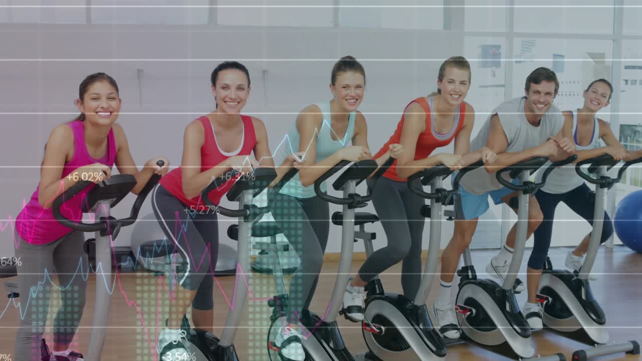 Fitness participants starting at start, pedaling bikes for workout, with animated charts overlaying