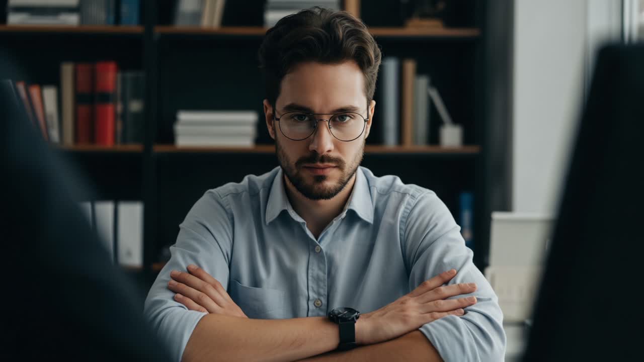 Un giovane professionista concentrato, seduto in un ufficio moderno, che mostra profonda concentrazione e attenzione in un serio momento di riflessione