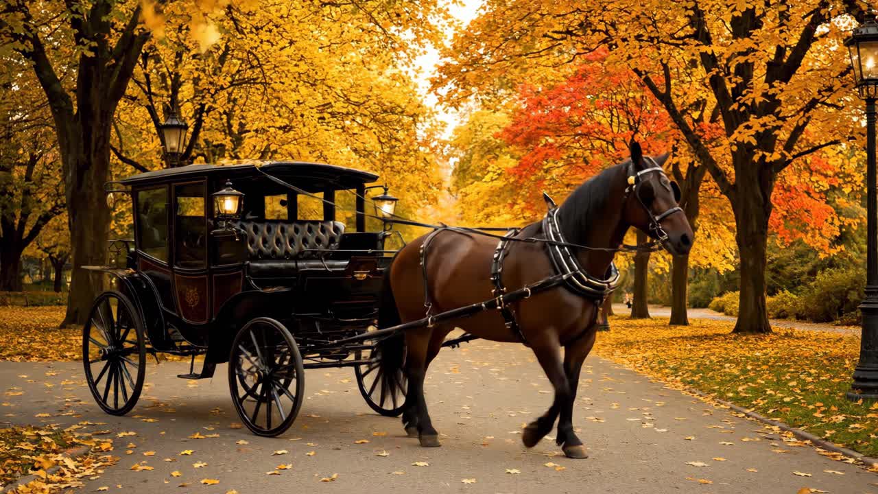 Horse-drawn carriage in a beautiful autumn park