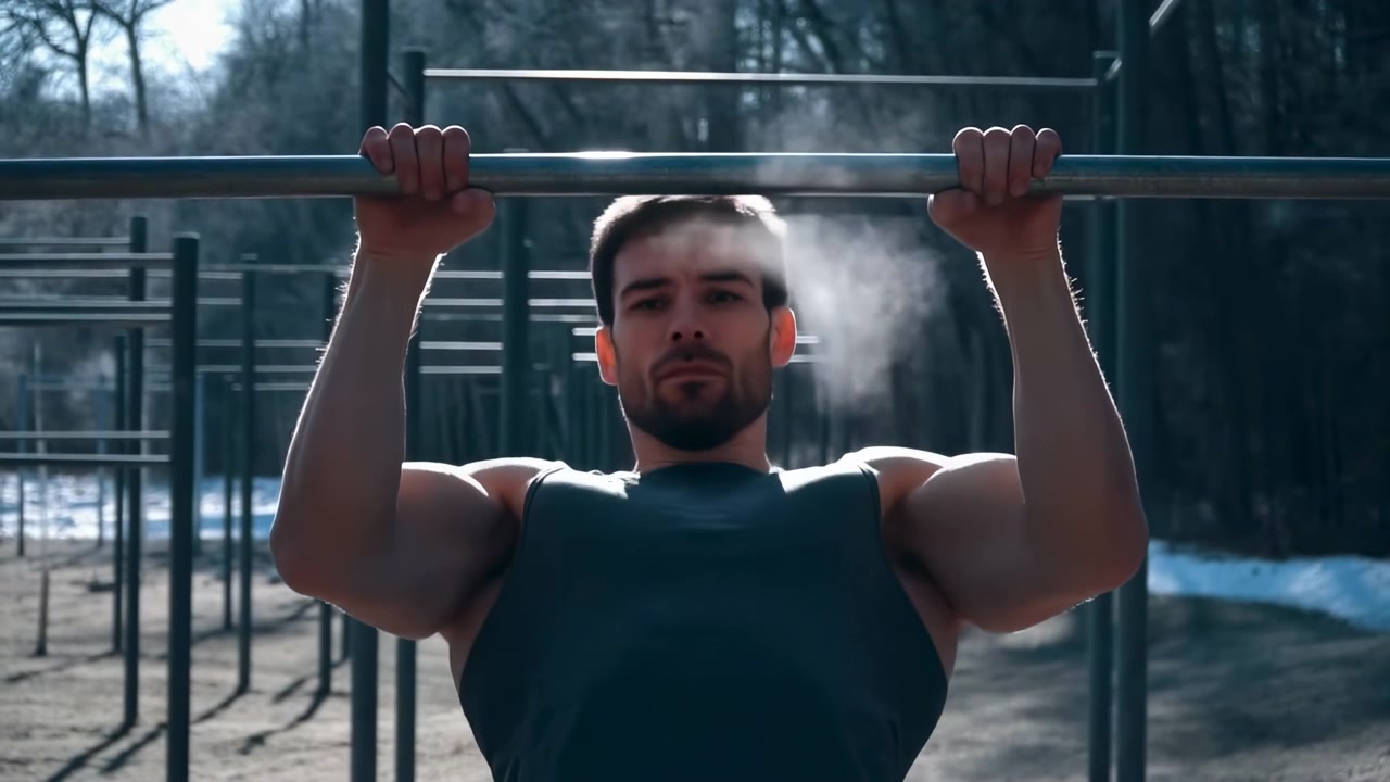 Un joven se ejercita en una barra de dominadas metálica en un área de fitness de un parque al aire libre, enmarcado por árboles sin hojas y luz solar natural brillante.
