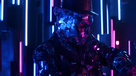 the camera follows a dynamically dancing mesmerizing glittering robot man on a neon wall. beautiful dance show.