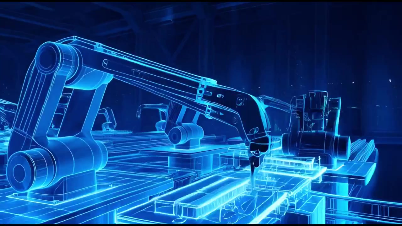 Lengan Robot Wireframe Biru Beroperasi di Lingkungan Industri Futuristik