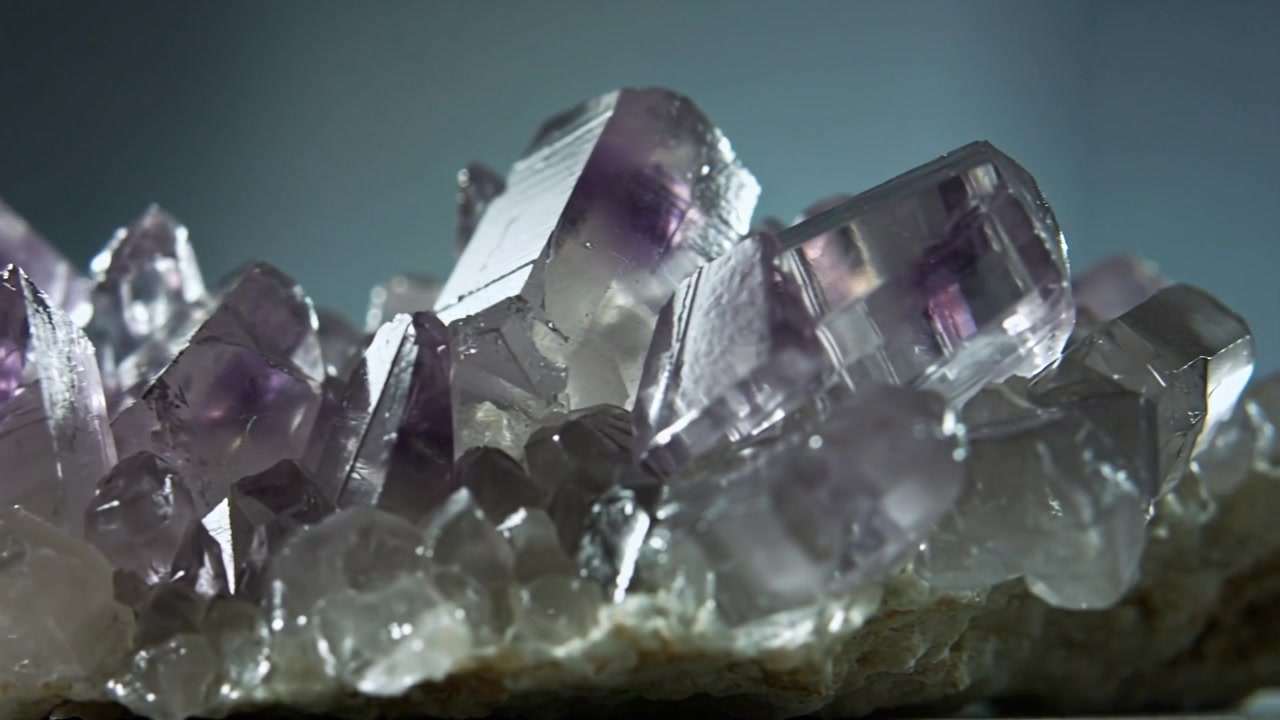 Mudança de perspectiva revelando um aglomerado de ametista sobre a mesa, mostrando zoneamento roxo e realces da base rochosa