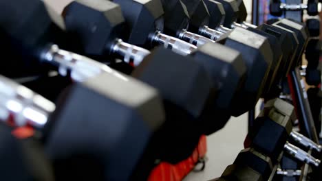 dumbbells on a rack in fitness studio 4k