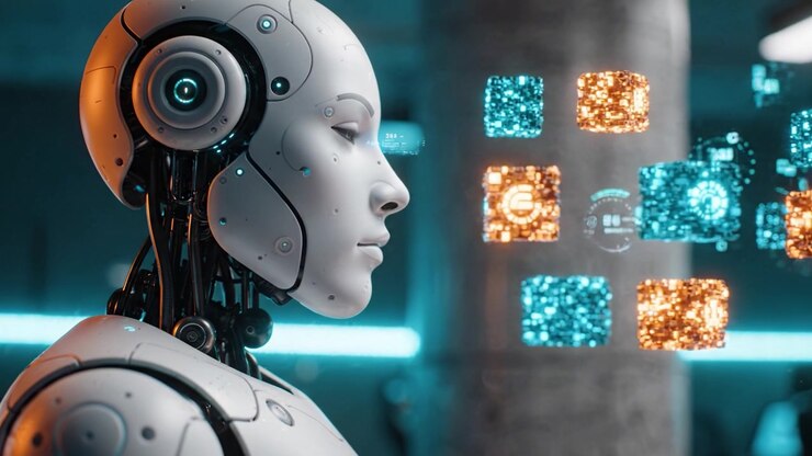 Interfaccia robotica futuristica: un primo piano di un robot che analizza dati digitali con tecnologia avanzata ed elementi interattivi in un ambiente moderno.