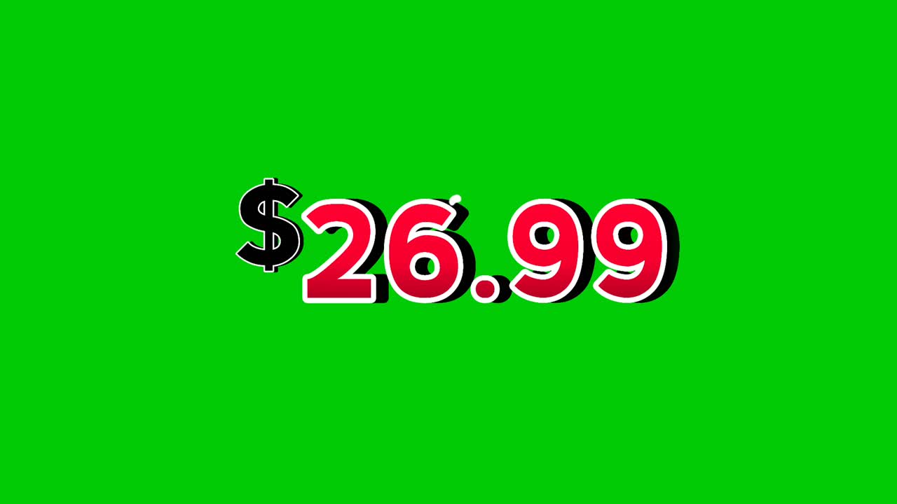 Dollars price tag $26.99 animation motion graphics in bold red numbers on green screen background with smoke effects.dollar symbol is displayed prominently perfect promotions, ads, banners, marketing