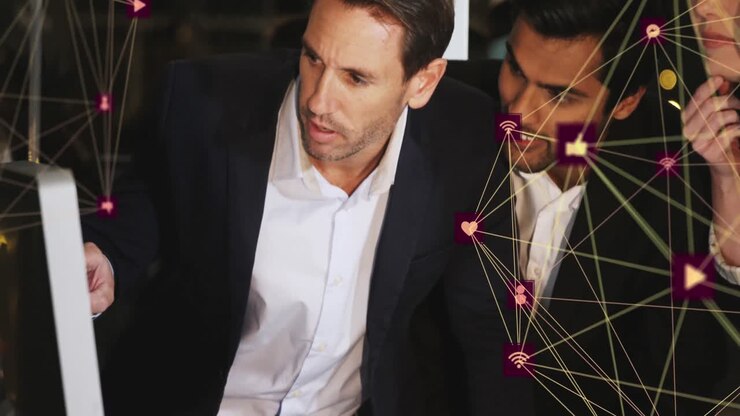 Animation of network of connections over diverse business people in office