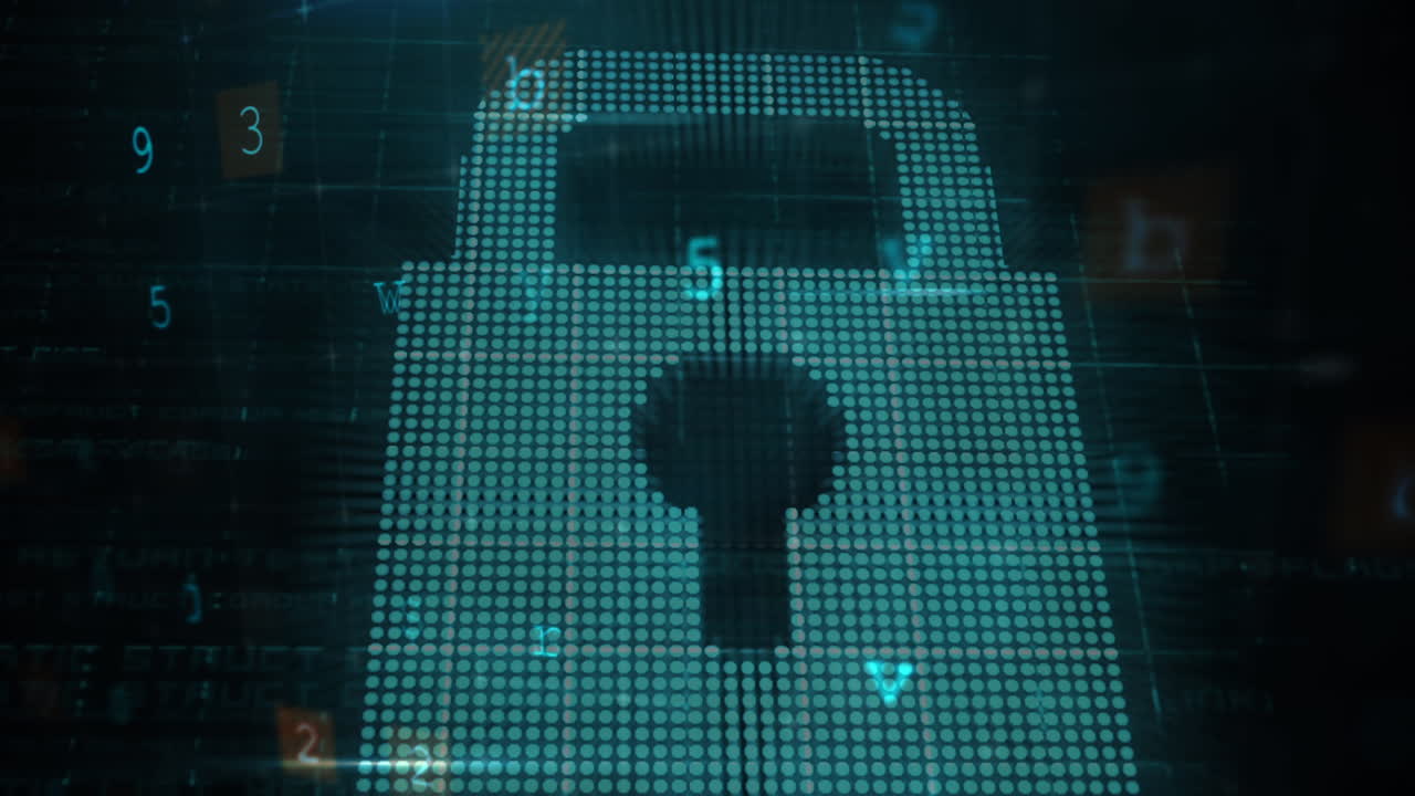 Animation of security padlock over data processing on dark background