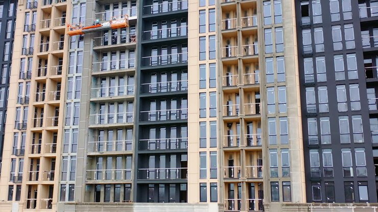 Edifício de apartamentos grande e moderno. Vista aérea de edifício de apartamentos público.