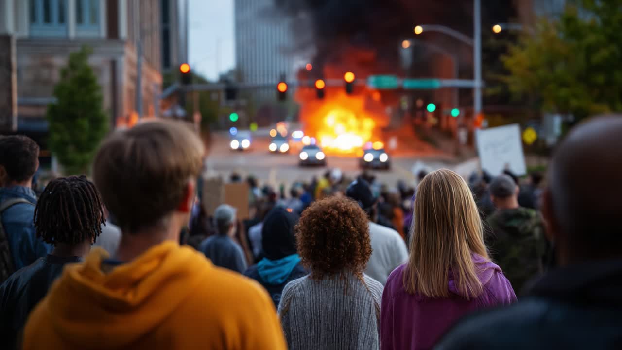 Una scena drammatica di disordini e tensione con manifestanti riuniti che guardano le auto passare accanto a una violenta esplosione in un ambiente urbano caotico