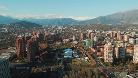 skyline of high-rise buildings at nueva las condes, las condes district, santiago de chile - aerial drone shot