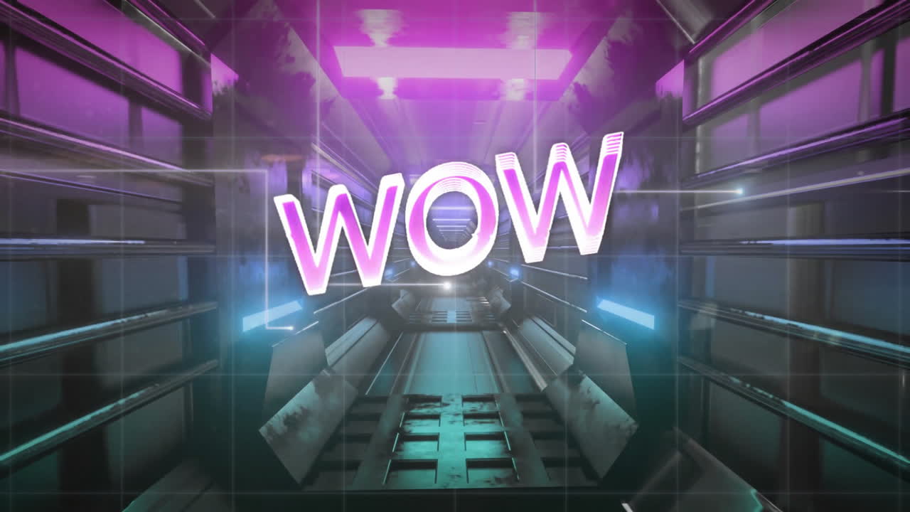 네온 패턴 배경 위의 와우 텍스트의 애니메이션