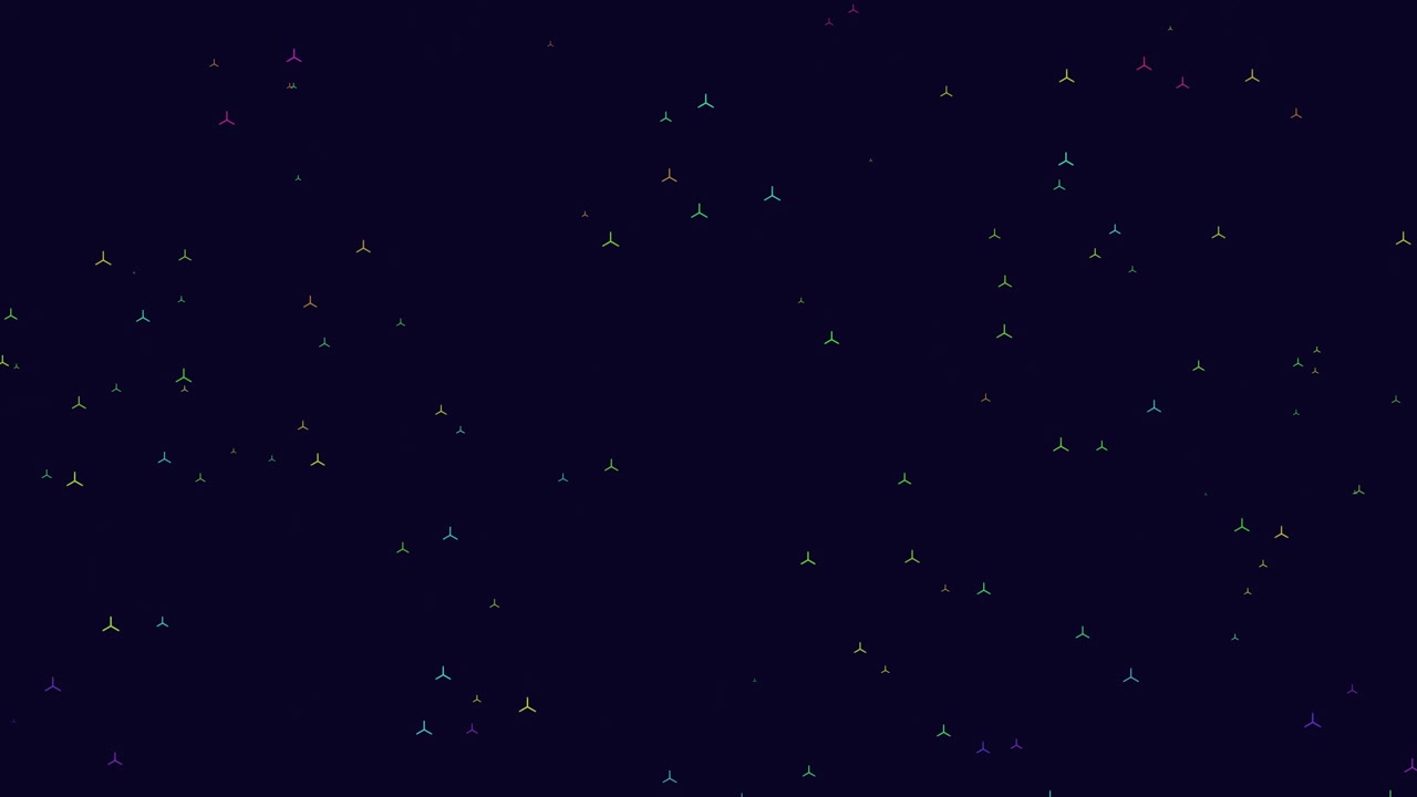 Flying random rainbow confetti in night sky