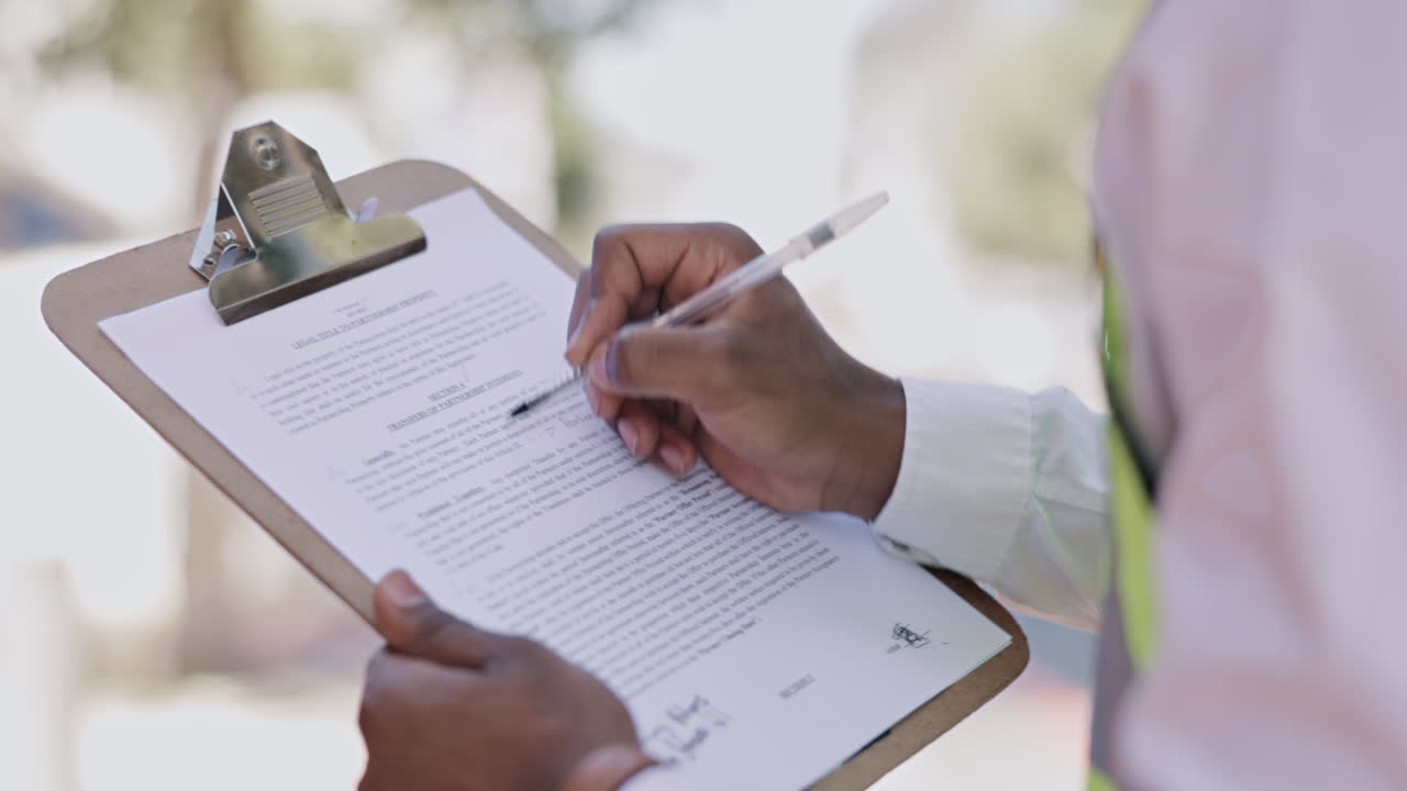 Black man, hands and writing on clipboard