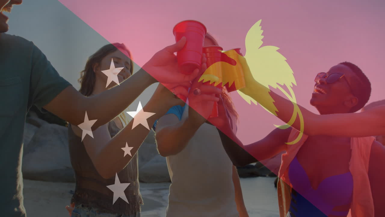 Group of friends toasting with cups over Papua New Guinea flag animation